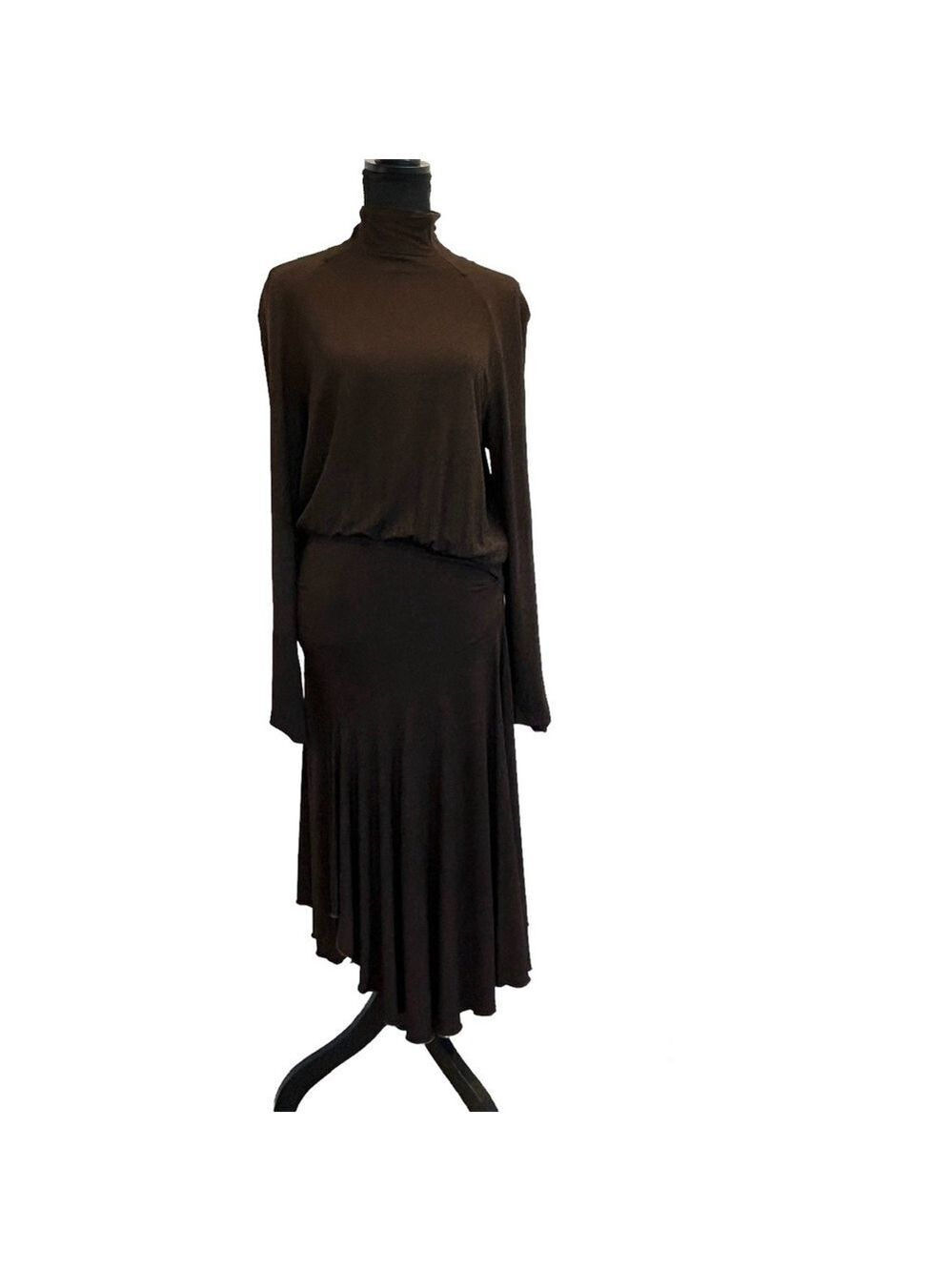 Guy Laroche Paris brown long sleeve draped ruched asymmetrical long maxi dress